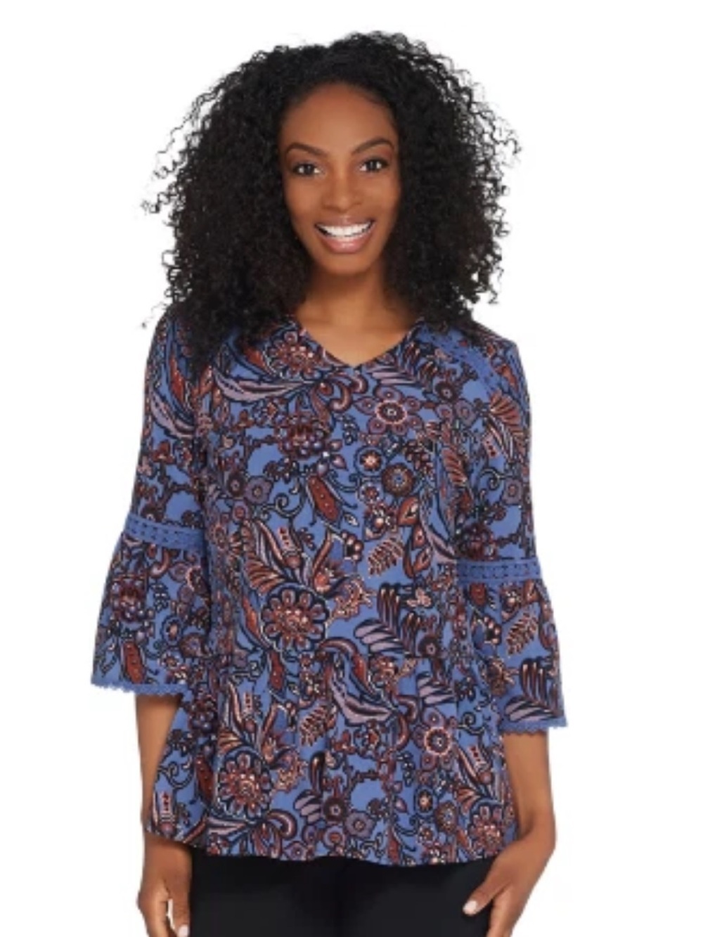 Denim & Co. Printed Boho Paisley Bell-3/4 Sleeve Blouse v-neck Ruffle hem Size L